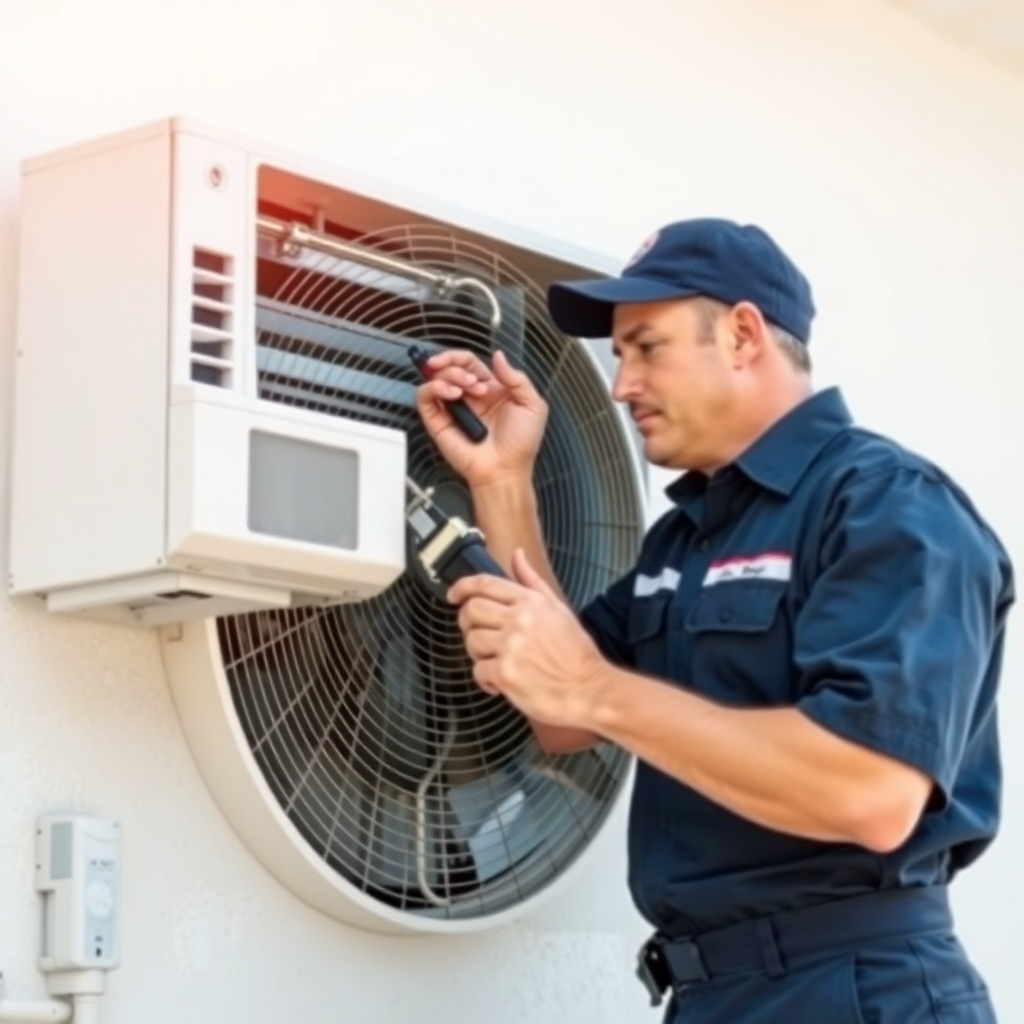 A photorealistic image showing a technician skillfully repairing an AC unit; using professional tools and wearing a company uniform. The image should be bright and clear, emphasizing precision and expertise.