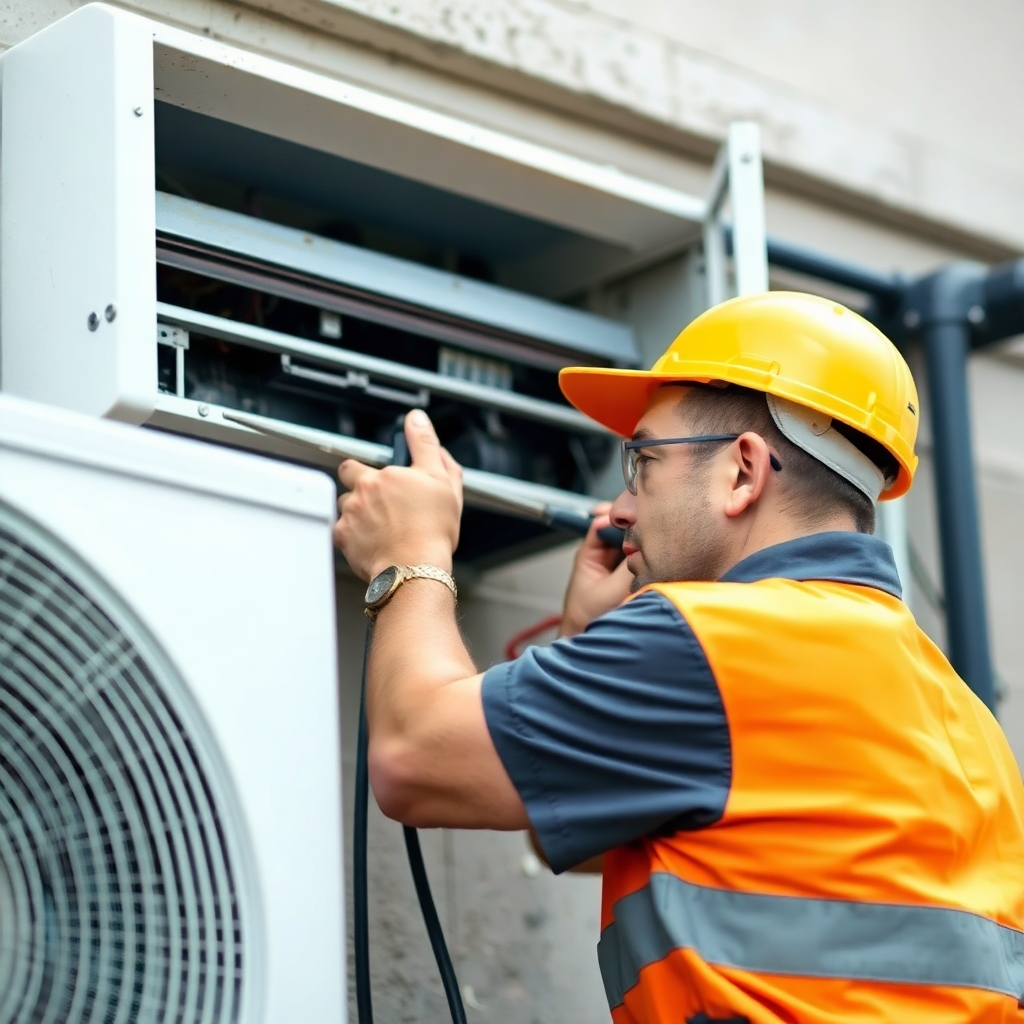 A photorealistic image showing a technician skillfully repairing an air conditioning unit.