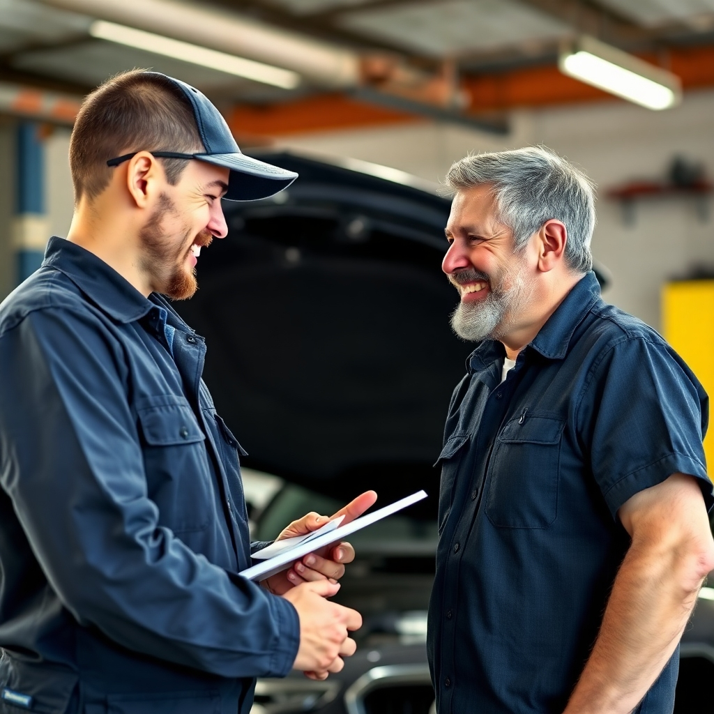 A photorealistic image showing a technician explaining the repair to a happy customer.  The image should capture the positive interaction and build trust.