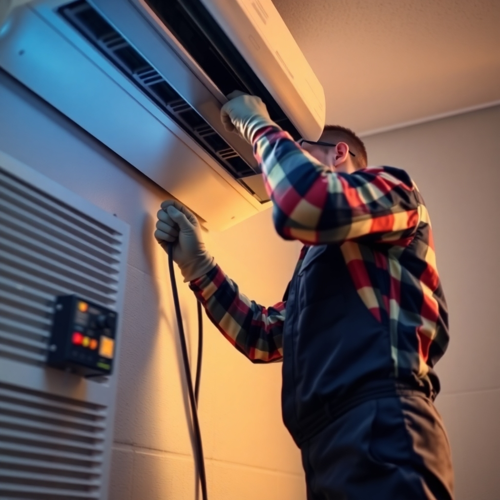 A photorealistic image showing a technician quickly and efficiently troubleshooting an air conditioning unit. The scene should emphasize speed and efficiency. Cool, professional colors should be used.