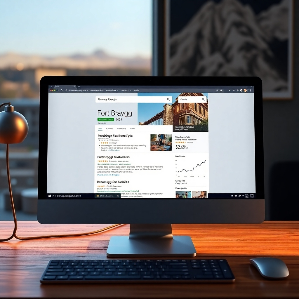 A photorealistic image showing a desktop screen displaying a high-ranking Fort Bragg business website on Google search results. The website should feature stunning visuals and clear calls to action. Show analytics charts demonstrating improved website traffic.