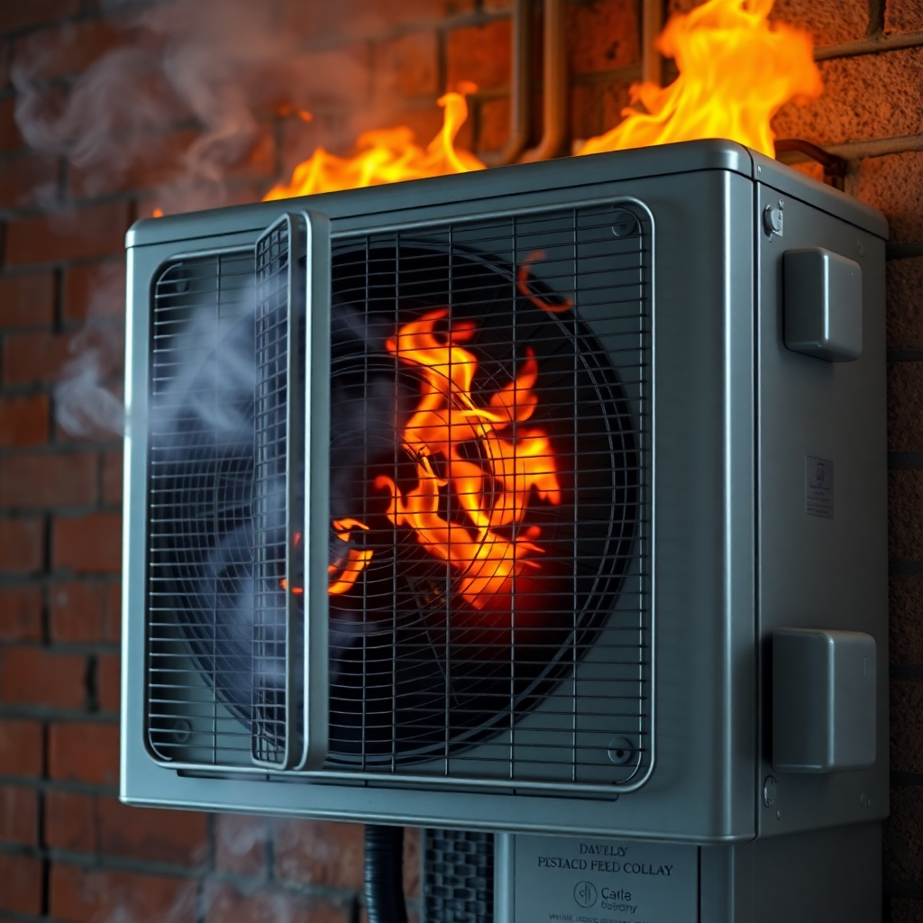 A photorealistic image showing the exterior of an AC unit that is visibly overheating, with steam or smoke coming from its components. The image should use dramatic lighting to highlight the potential fire hazard.