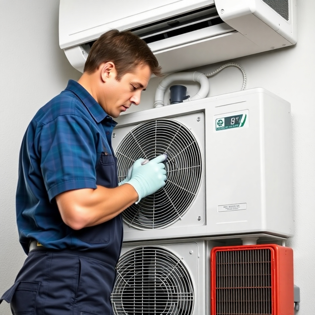 A photorealistic image showing a technician performing routine AC maintenance, such as cleaning the coils and filters, emphasizing precision and care.