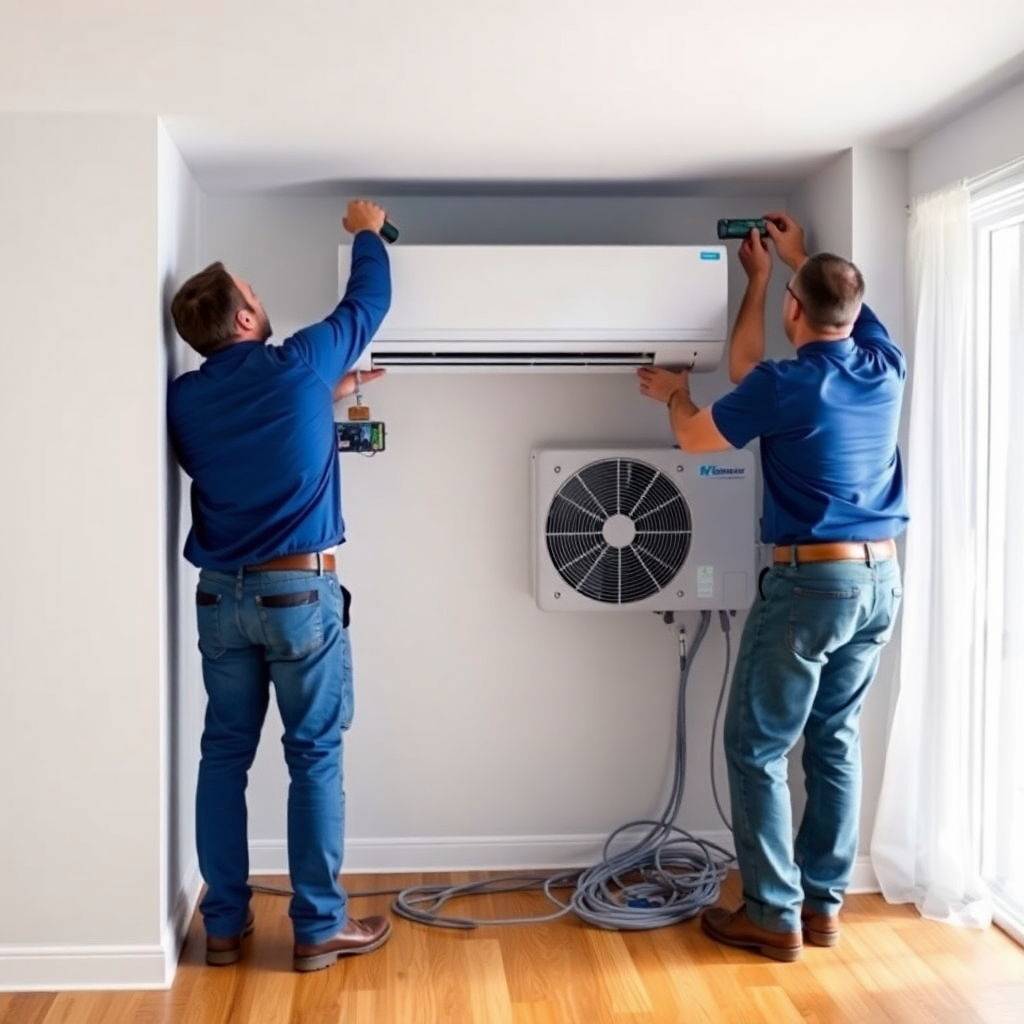 A photorealistic image showing a brand-new, high-efficiency AC unit being installed in a home, with technicians carefully working. The image should be well-lit and showcase the professional approach.
