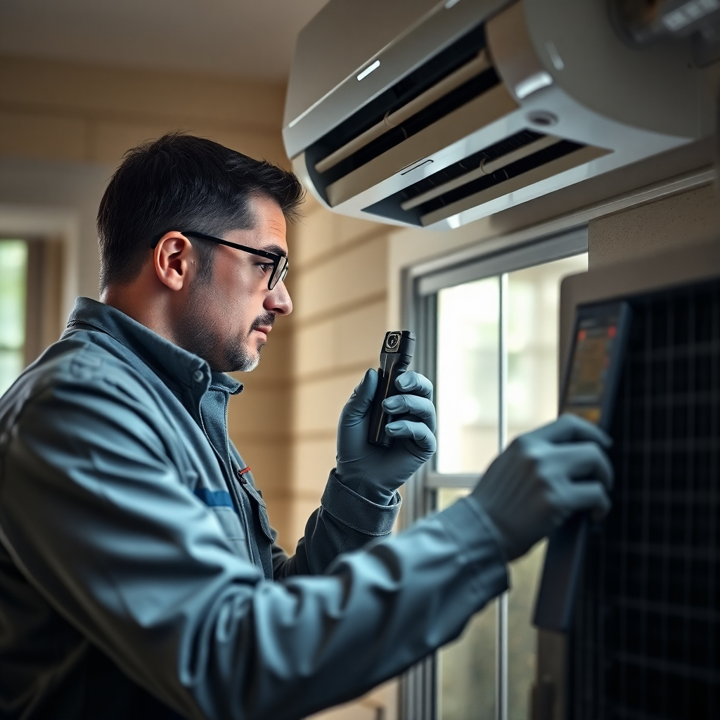A photorealistic image showing a professional technician examining an AC unit with focused attention and sophisticated tools. The background should depict a typical residential home in Cedar Park. The focus must be on the detail and professionalism of the technician. The overall mood should be professional and reassuring. 4K resolution, realistic lighting, and textures.  