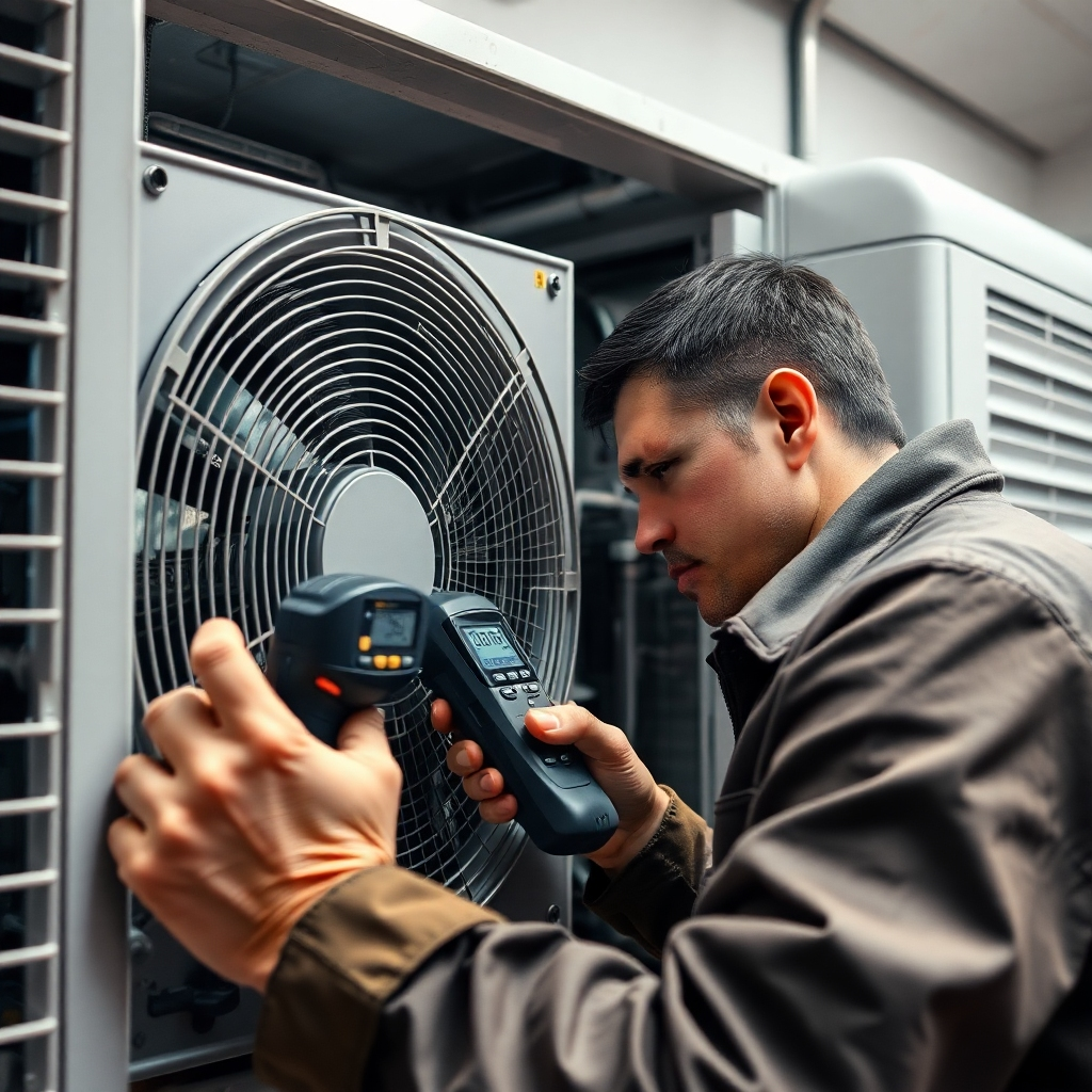 A photorealistic image showing a technician using diagnostic tools to inspect an AC unit. Include close-ups, sharp details of the unit's components, and realistic lighting. The overall mood should be professional and detailed, similar to a service manual.  Use a 4k resolution and emphasis on realistic textures.