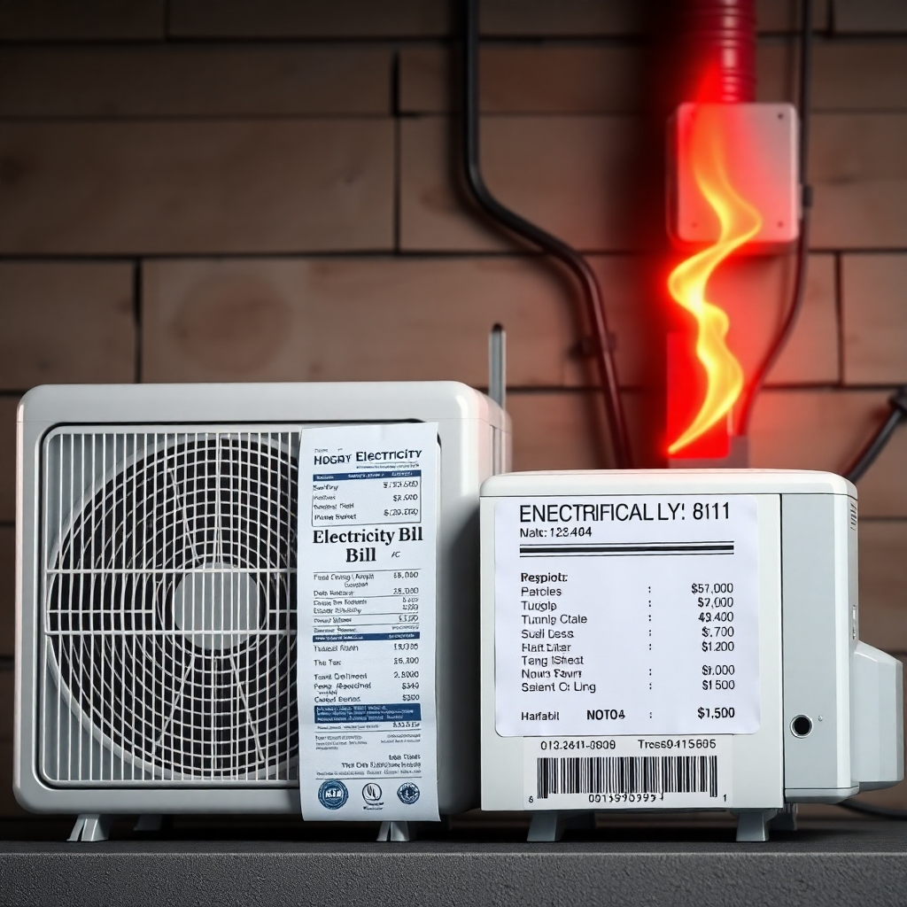 A photorealistic image showing a high electricity bill next to a functioning AC unit, to establish the clear correlation. The image should use a dramatic style, similar to a news report image, emphasizing the financial impact of a malfunctioning AC unit.