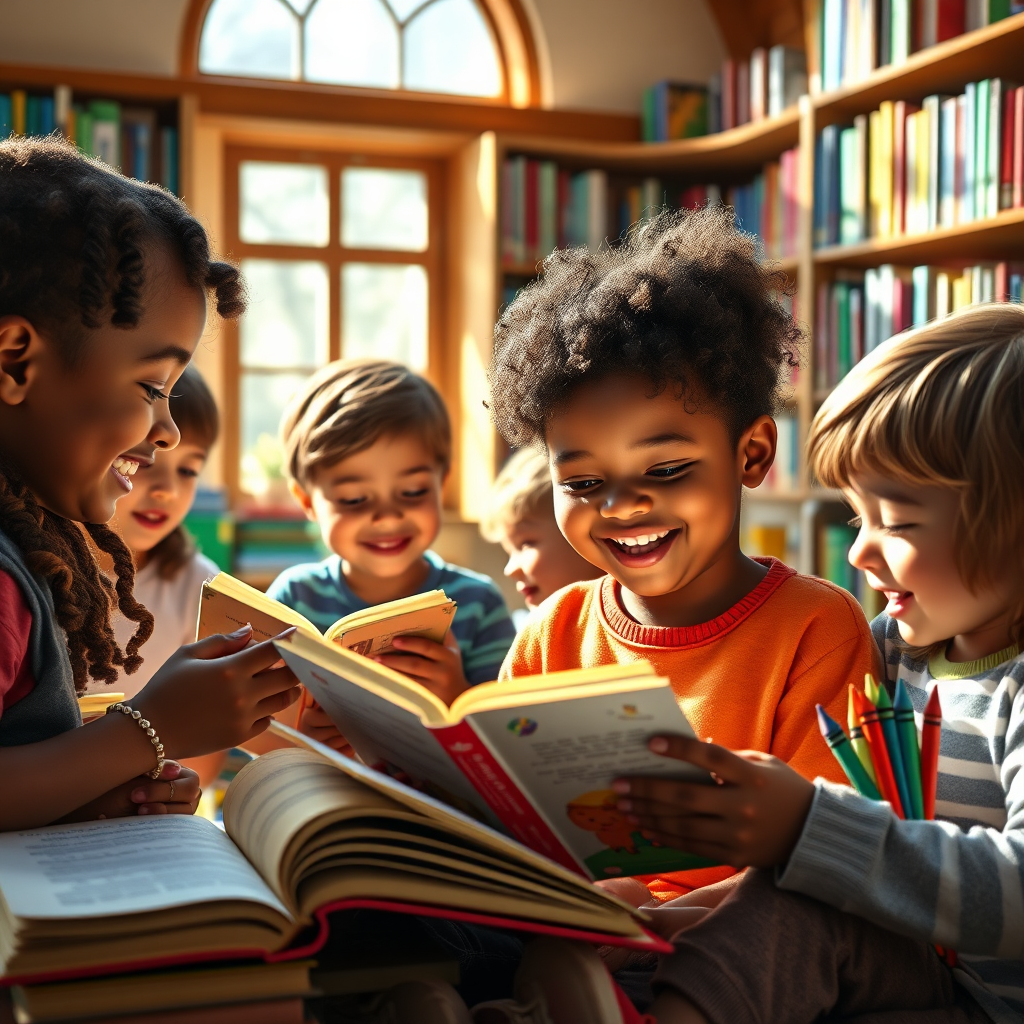 A photorealistic, ultra-high quality header image showcasing a group of diverse children engrossed in storybooks and coloring books. The scene is set in a sunlit, cozy library filled with colorful books and art supplies. Children are smiling and engaging with the books and crayons. One child is reading aloud while others are drawing. Soft, diffused lighting enhances the warm and inviting atmosphere. The color palette includes bright, cheerful colors like reds, yellows, blues, and greens. The camera angle is a medium shot capturing the entire group. Textures are rich and detailed, from the worn pages of the books to the soft fabric of the children's clothing. Style reference: Norman Rockwell meets a Pixar film. Technical specifications: 8K resolution, hyperrealistic rendering with enhanced detail and dynamic range.