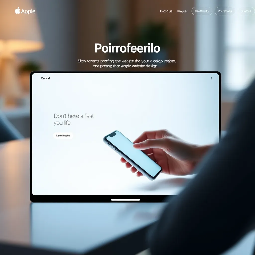A portfolio page showcasing a client's website design.  The page is dominated by a large, central image of a website design, possibly a mobile phone or tablet display, with a user browsing the site.  The website design is a modern, minimalist, and clean aesthetic. The lighting is soft and diffused, illuminating the phone screen and reflecting slightly on the surrounding surfaces.  The background is blurred and out of focus, drawing attention to the central image.  The color palette is light and airy, with a subtle gradient from light blue to white.  The image has a cinematic quality, with a shallow depth of field and a focus on the detail of the website design. The image is rendered in ultra-high resolution, capturing every detail of the website design, from the font choices to the subtle color gradients.  Style reference:  The aesthetic is similar to Apple's marketing imagery for its website products.  8K resolution, hyperrealistic, ultra-detailed.