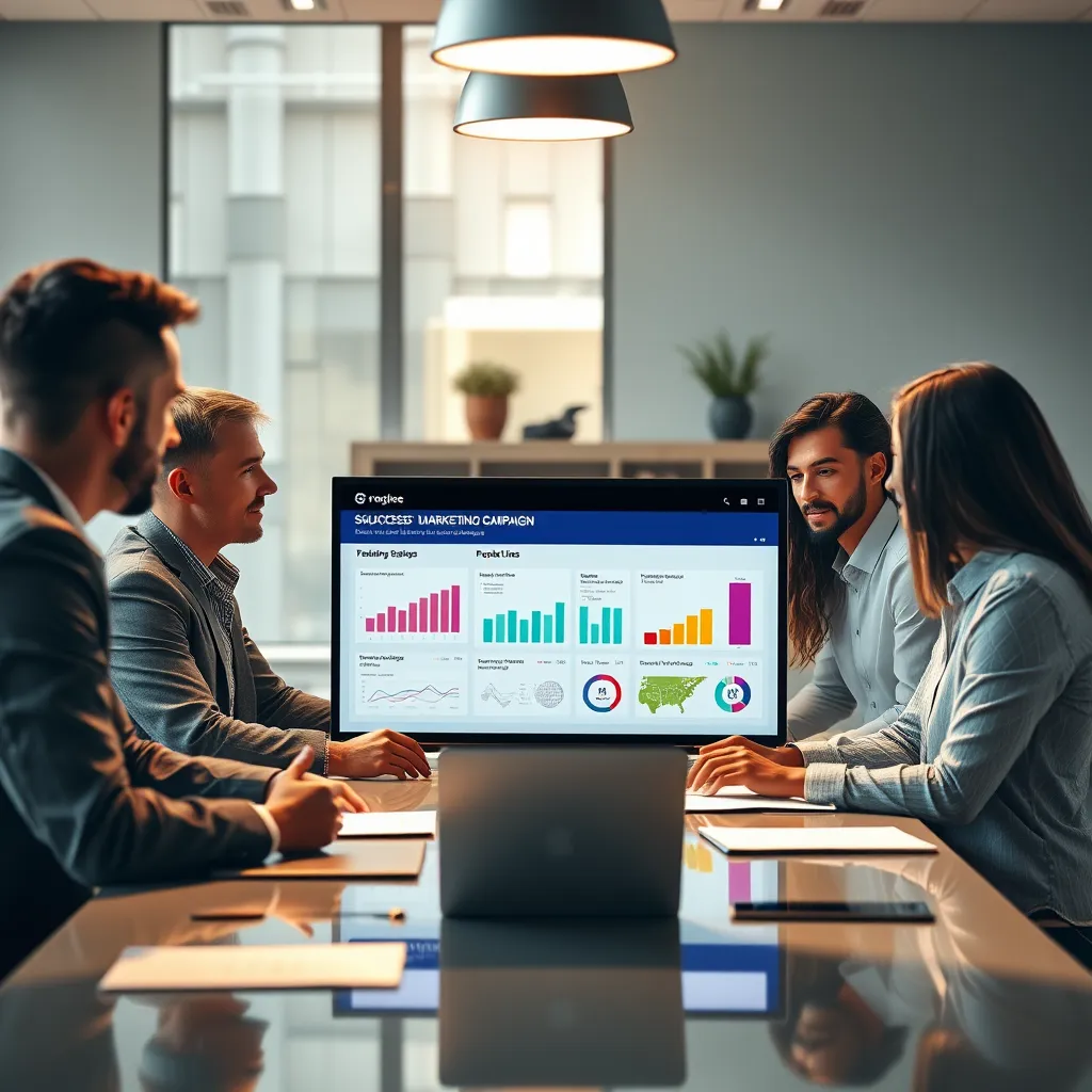 A professional business meeting scene with a diverse group of people collaborating around a table. They are reviewing a digital presentation showcasing data and insights about a successful marketing campaign, emphasizing the strategic approach and impactful results.