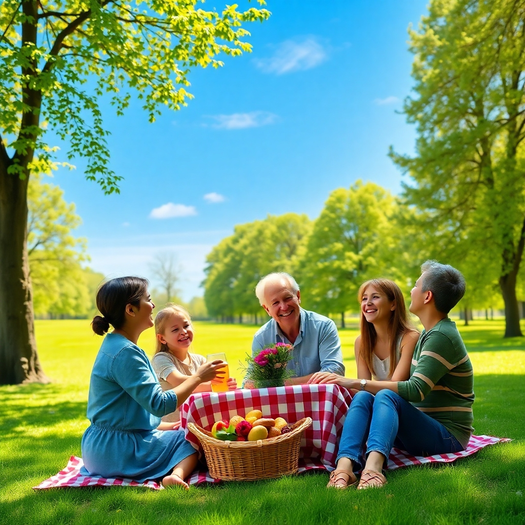 A serene image of a family in a park, enjoying a picnic and laughing together. The background features a beautiful green lawn with trees, and the sky is a vibrant blue. The image should convey a sense of peace, relaxation, and family harmony. The image should be photorealistic and capture the warmth and joy of family life.