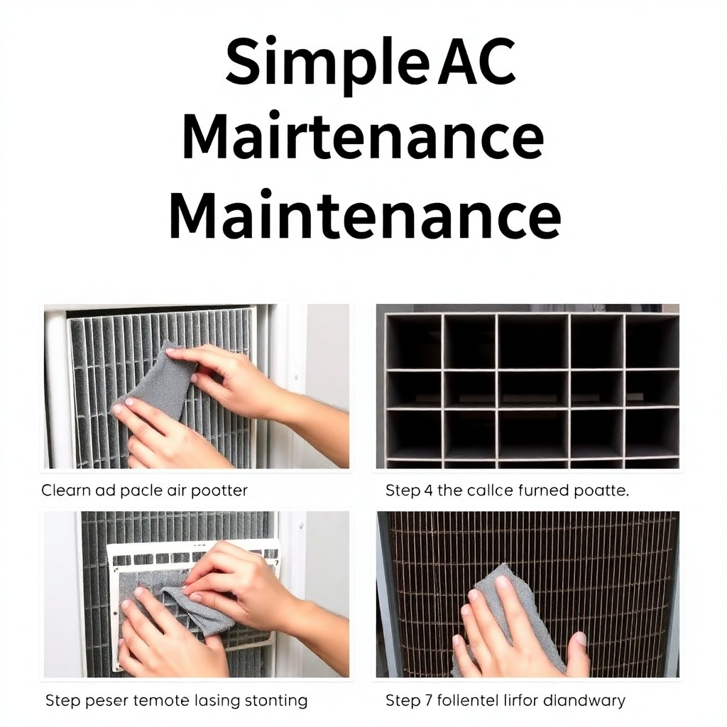 A series of images demonstrating simple AC maintenance, such as checking air filters and cleaning condenser coils.  The images should be clear, well-lit, step-by-step instructions.  The style should be approachable and informative, similar to a helpful online tutorial. The resolution should be 4K and focus on clarity and instructional quality.