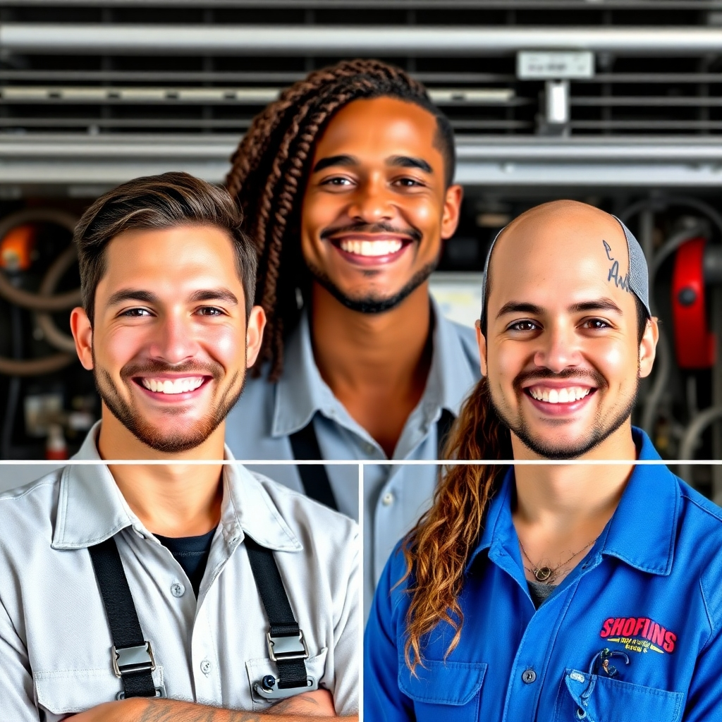 A series of portraits of three smiling, diverse AC technicians.  Images should be professional, highlighting their expertise and approachability. High-quality photography is a must.