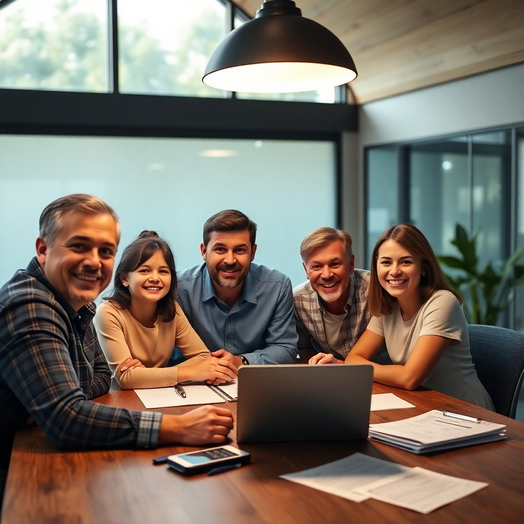 A smiling family sitting at a table with a tax advisor, surrounded by documents and a laptop, representing personalized tax filing services in The Woodlands.