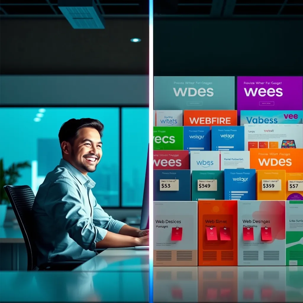 A split-screen image. One side shows a person sitting at a desk, smiling and looking at a computer screen, while the other side shows a variety of colorful web design packages, arranged in a visually appealing way, each with a different price tag.