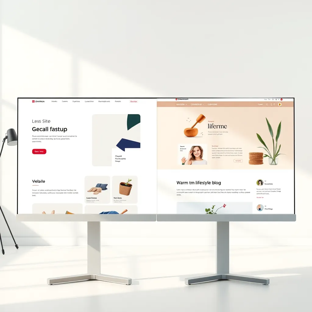 A split-screen image showcasing the diversity and customization options of Dominion AI Site Builder's templates. One side should depict a clean, minimalist template ideal for a tech startup, featuring geometric shapes, bold colors, and a modern font. The other side should display a warm, inviting template suitable for a lifestyle blog, featuring soft pastel colors, natural textures, and a handwritten font. Both templates should showcase user-friendly customization options, allowing for easy editing of text, images, and layout. The background should be a light, airy studio setting with soft, natural lighting. The overall mood should be one of creativity, inspiration, and empowerment, highlighting the ease of customization and the wide range of design possibilities available through Dominion AI Site Builder.