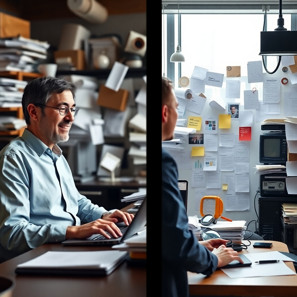 A split-screen image showing a traditional sales agent overwhelmed with manual tasks on one side, and an AI-powered agent efficiently managing leads on the other side. The AI side is bright and organized, while the traditional side is cluttered and stressful. Style: comparative, impactful, and aspirational. Technical specs: 4K resolution, high detail.