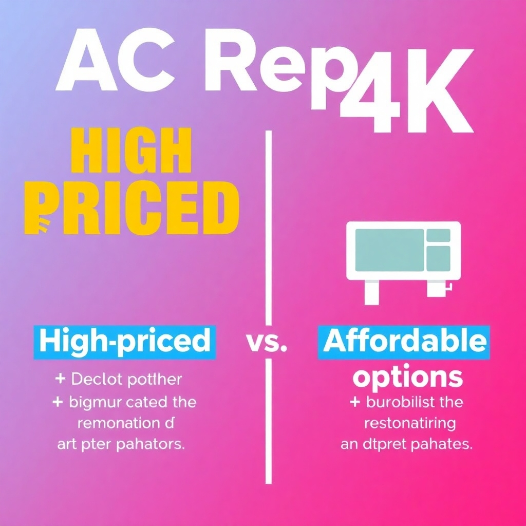 A stylized 4K image showcasing a comparison between high-priced and affordable options for AC repair. The contrast should be clear. Use a style that is both visually engaging and informative. The color palette should be bright and clear, creating a striking visual effect.