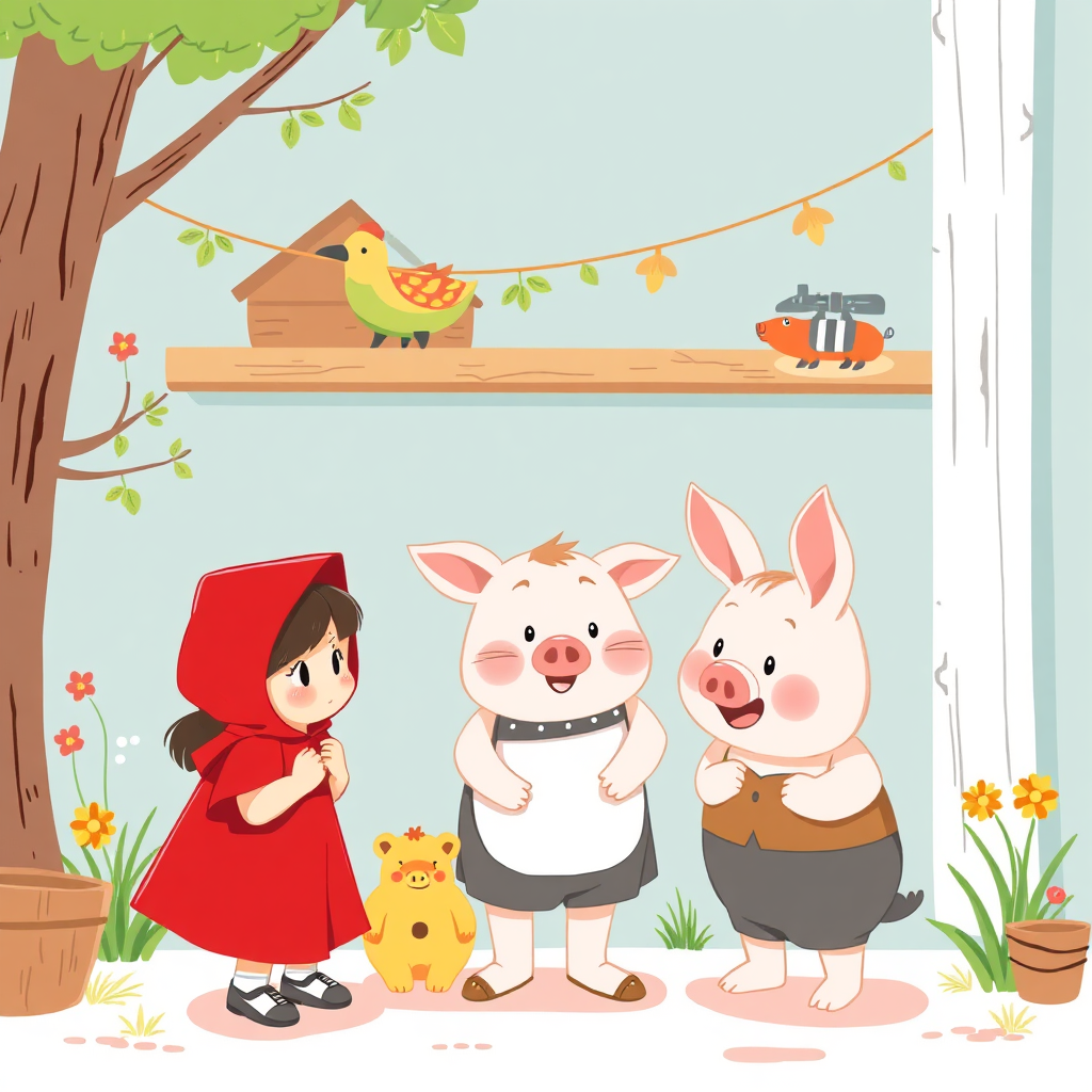 A stylized illustration depicting several classic children's book characters (e.g., Little Red Riding Hood, Three Little Pigs) interacting in a whimsical, contemporary setting. The color palette is bright and cheerful. Focus on conveying a sense of nostalgia and timeless appeal. 4k resolution.