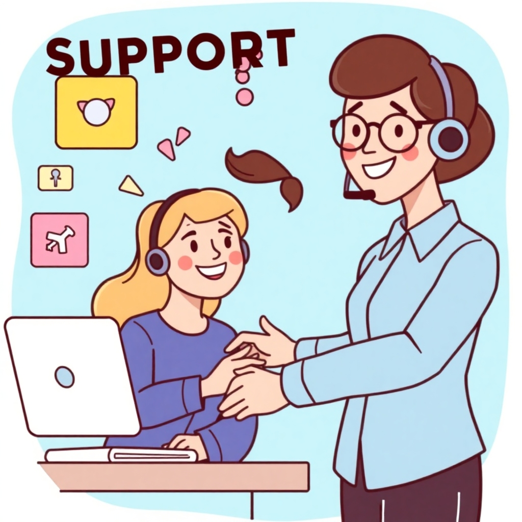 A stylized illustration of a friendly support team helping a client. Use a bright and cheerful color palette. The style could be cartoonish or flat design. The emotion of support should be prominently displayed.