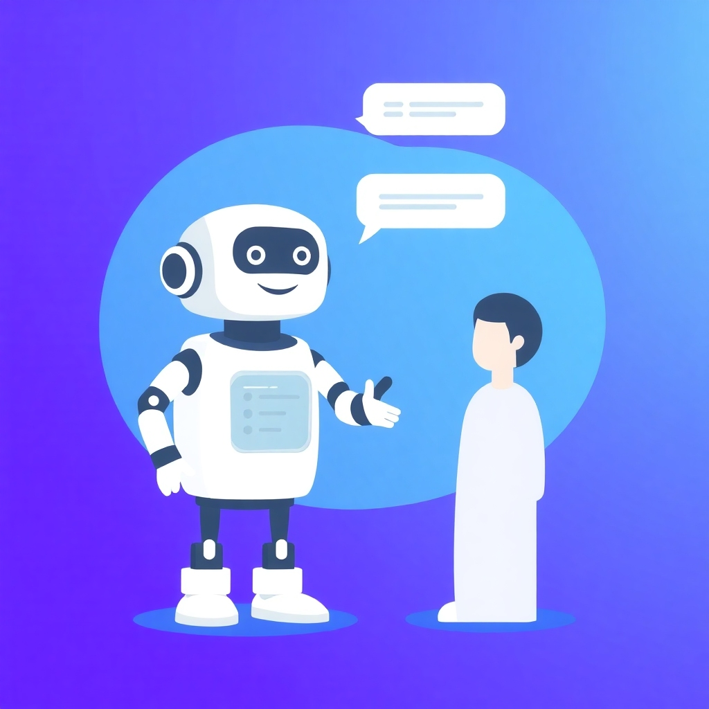 A stylized illustration of an AI chatbot engaging in a conversation with a potential customer. The chatbot interface is friendly and approachable, with personalized greetings and relevant information. The customer is represented by a simple avatar, symbolizing anonymity and ease of interaction. The background is a gradient of blue and purple, representing technology and communication. Style: clean, modern, and user-friendly. Technical specs: 4K resolution, vector graphics.