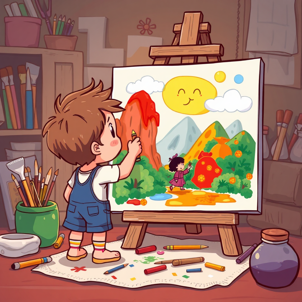 A stylized illustration showing a child painting a scene from a storybook onto a large canvas. The painting is vibrant and expressive, reflecting the child's interpretation of the story. The background is a mix of storybook elements and art supplies. The style is whimsical and playful, with bold colors and dynamic compositions.