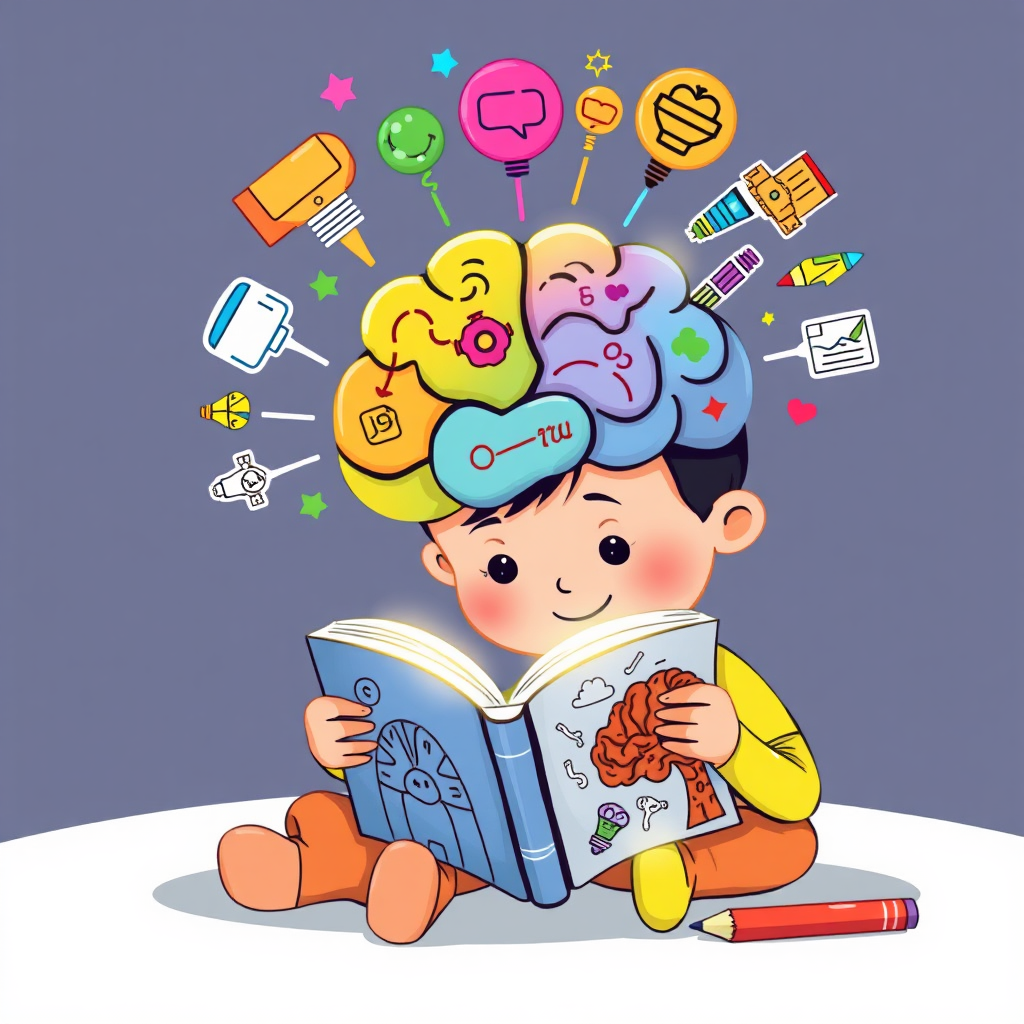 A stylized illustration showing a child's brain lighting up with colorful ideas and concepts as they read a storybook and color a picture. The illustration emphasizes the educational benefits of these activities. Bright, vibrant colors are used to represent the stimulation of the brain.