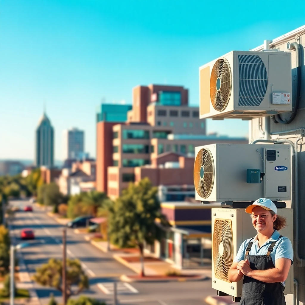 A stylized image, 4K resolution, depicting a Cedar Park cityscape subtly blended with imagery of clean, efficient AC units and satisfied business owners.  Color palette is a mix of warm Texas colors and cool blues, signifying comfort and reliable AC services. Lighting conditions are balanced and bright. The camera angle is slightly wide, showcasing the scope of our services across Cedar Park. Texture details are important; showcasing the modern aesthetic of the city and precision engineering of AC units. Style references: Art Deco style combined with modern elements, to give a sense of quality and longevity. The image aims to evoke feelings of comfort, reliability, and trust.