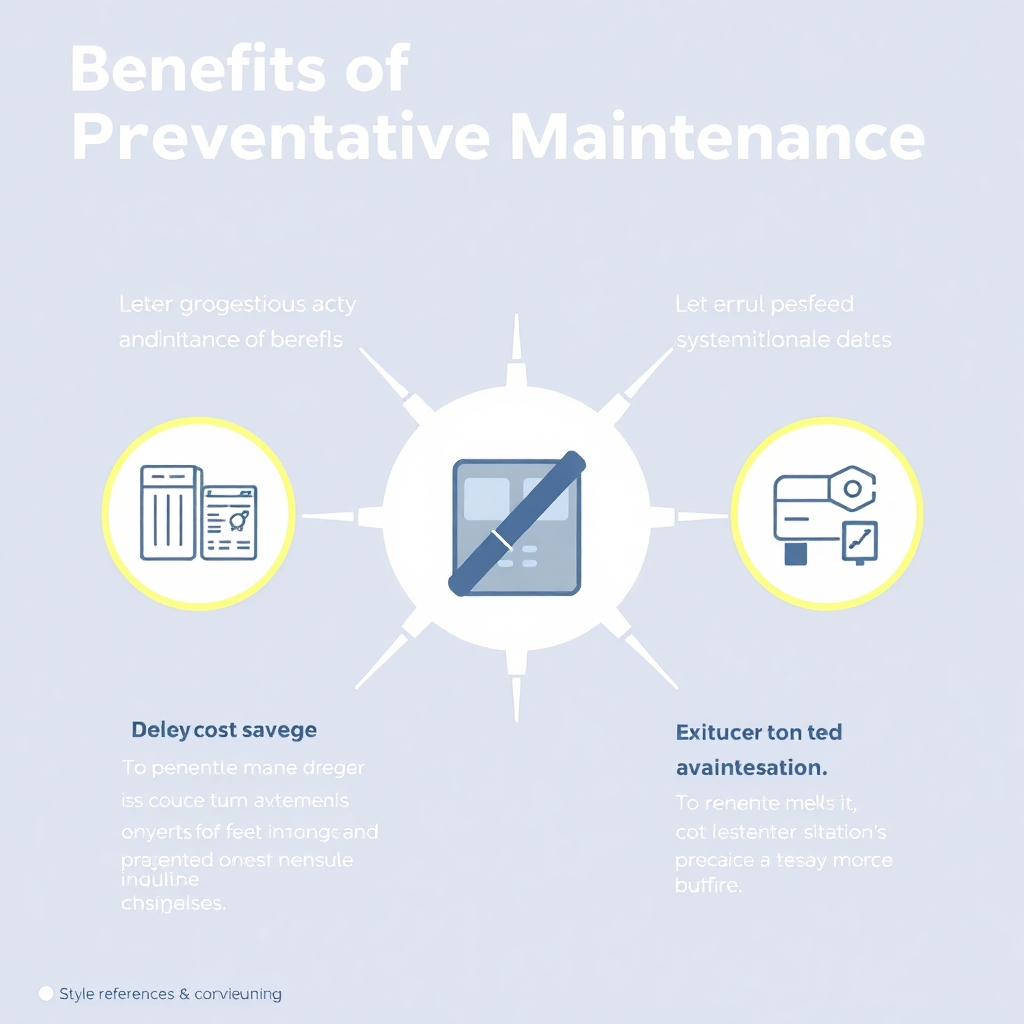 A stylized image, 4K resolution, of a simple yet effective infographic illustrating the benefits of preventative maintenance, such as cost savings and extended system lifespan. The color scheme should be clean and modern, using clear and concise visuals. Style references: Modern infographic design, focusing on clarity and ease of understanding.