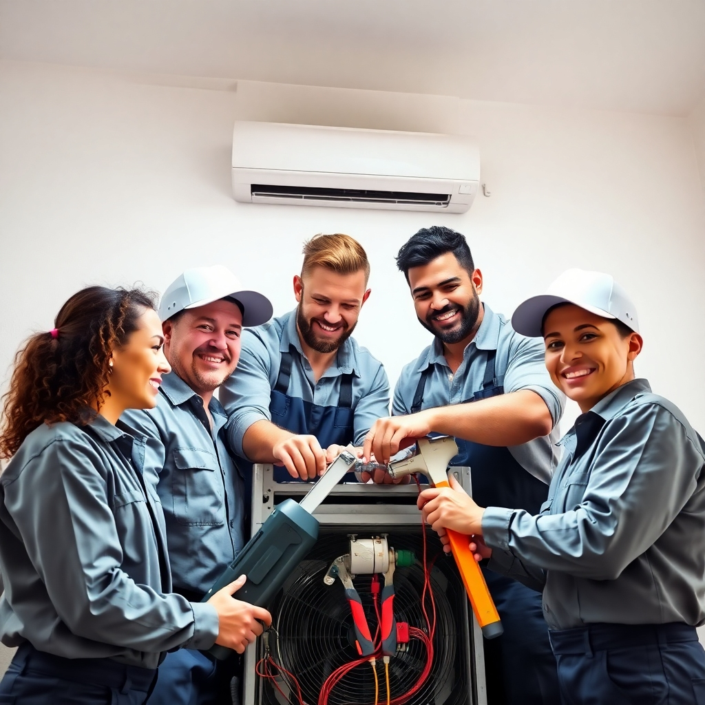 A stylized image, 4K resolution, depicting a friendly, diverse team of HVAC technicians working collaboratively on an AC repair. The color palette should be bright and cheerful, conveying professionalism and efficiency. The style should emulate a modern, clean aesthetic, similar to stock photography used in successful service industry websites. Include subtle textures – the polished surface of tools, the clean uniforms of the technicians, and the technical details of the AC unit being repaired. The image should depict a feeling of competence and care, promoting confidence in our services.