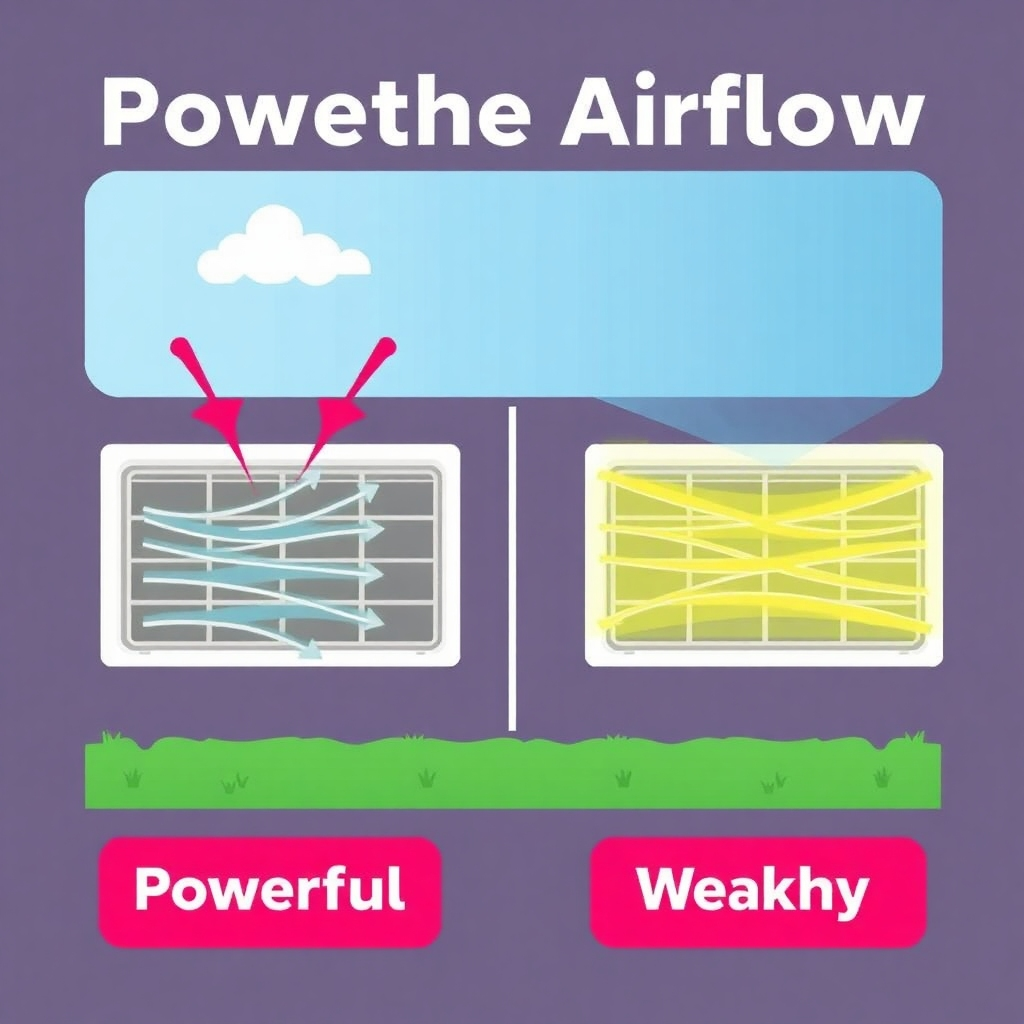 A stylized image depicting a comparison between a powerful and a weak airflow; perhaps using graphical representations of wind speeds, or even a cartoon visualization of how the air travels through the unit, showing the difference between a healthy and an unhealthy AC unit.