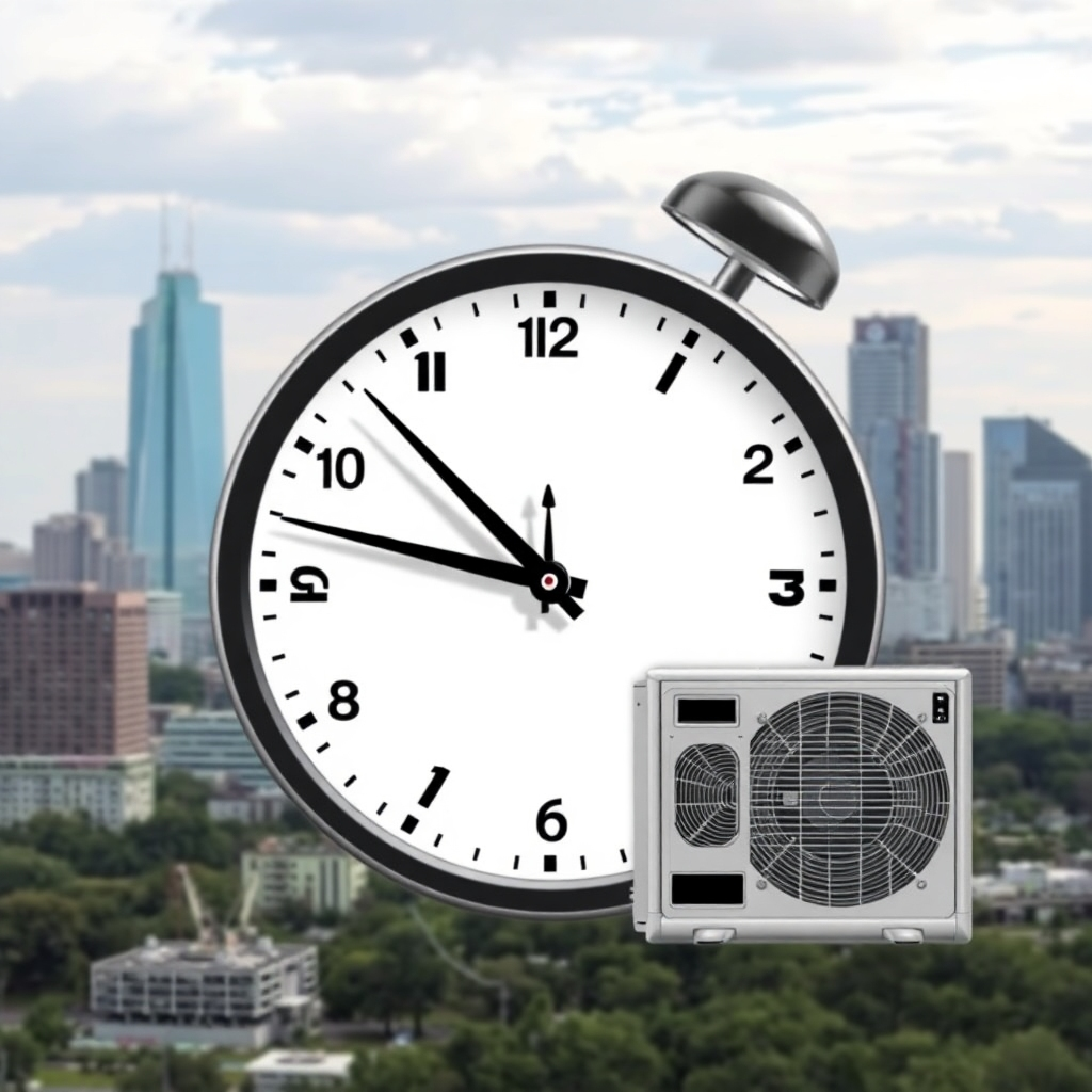 A stylized image depicting a clock with the hands moving rapidly to emphasize speed.  Background could include the Cedar Park skyline, with a superimposed AC unit to add context.