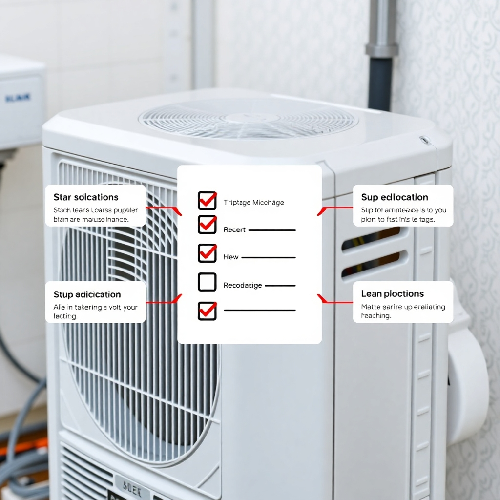 A stylized image depicting a checklist, illustrating the different maintenance steps, overlaid on a clean AC unit.  The style should be organized and information-rich, resembling a helpful infographic.  4k resolution and emphasize clarity and organization.  