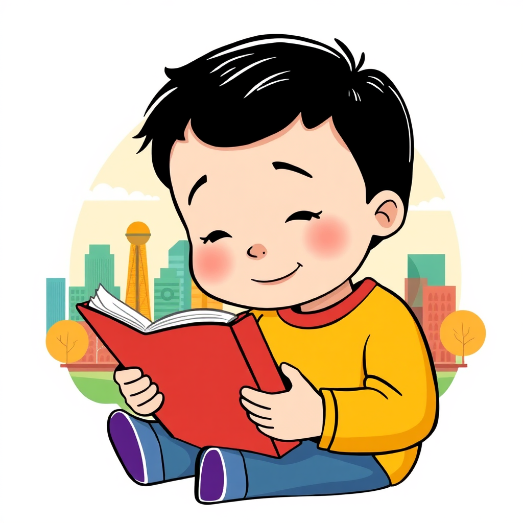 A stylized image depicting a child reading a book with a Dallas skyline in the background. The illustration style should be modern and engaging. The color palette should be vibrant and reflect the energy of the city. 4k resolution.