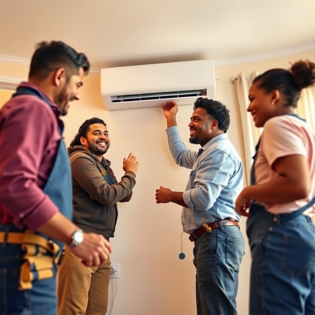 A stylized image depicting a friendly, diverse team of HVAC technicians working efficiently on an air conditioning unit inside a clean, well-lit home. The color palette should be warm and inviting, with a focus on teamwork and expertise. The camera angle should be slightly high, providing a sense of scale and professionalism. The environment should be bright, clean and suggest a trustworthy and professional atmosphere. Relevant props could include tools, spare parts, and satisfied customers.The style should be bright, friendly and suggest ease of repair and satisfaction, possibly referencing imagery from successful companies that prioritize customer satisfaction and care.  Technical specs: 4K resolution, high quality.