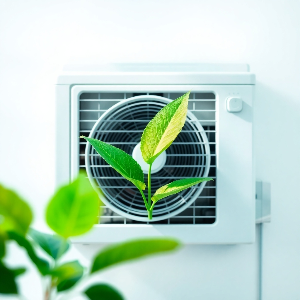 A stylized image depicting a green leaf growing out of an air conditioning unit, symbolizing energy efficiency.  The color palette should be vibrant, with green representing nature and eco-friendliness, and cool blues and whites representing comfort and efficiency. The lighting should be soft and natural, creating a calming and peaceful atmosphere. The camera angle should be from a slightly elevated position, giving a complete view of the leaf growing out of the AC unit. The texture should showcase the sleek, modern design of the air conditioning unit and the vibrant, natural texture of the leaf. The environment should be a clean, modern background. The style should be semi-realistic, blending photorealistic elements with a stylized graphic element. Resolution: 4K