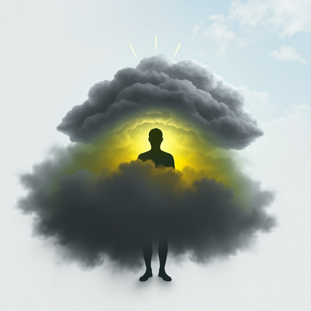 A stylized image depicting a human figure gradually shedding layers of stress and pressure, represented by dark, heavy clouds. As the clouds dissipate, the figure is surrounded by a bright, airy atmosphere. The color palette shifts from dark greys and blues to vibrant yellows and greens, symbolizing relief and renewed energy. Style Reference: Abstract, metaphorical. Technical Specs: 4K, high quality rendering.