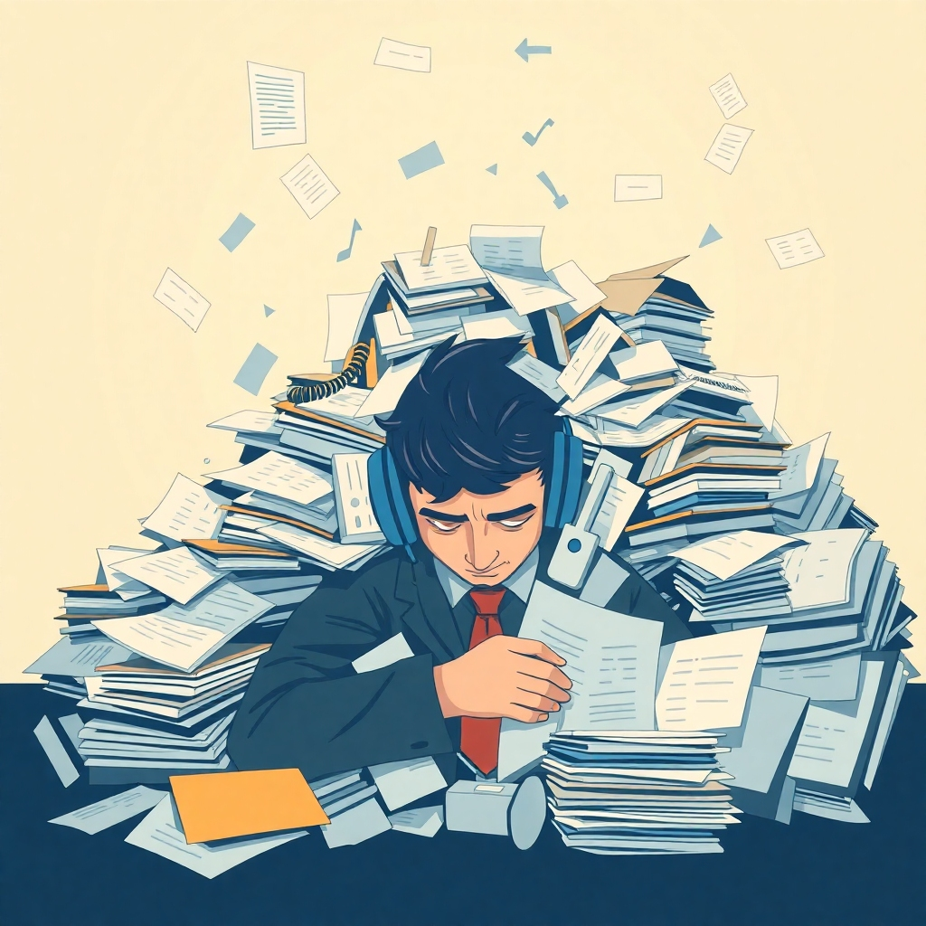 A stylized image depicting a stressed-out employee buried under a mountain of paperwork and phone calls. An AI voice agent, visualized as a calming presence, is efficiently handling the overflow. Use a contrast in color, with the overwhelmed employee in muted tones and the AI in bright, vibrant colors. Technical specs: 4K resolution, vector illustration style.