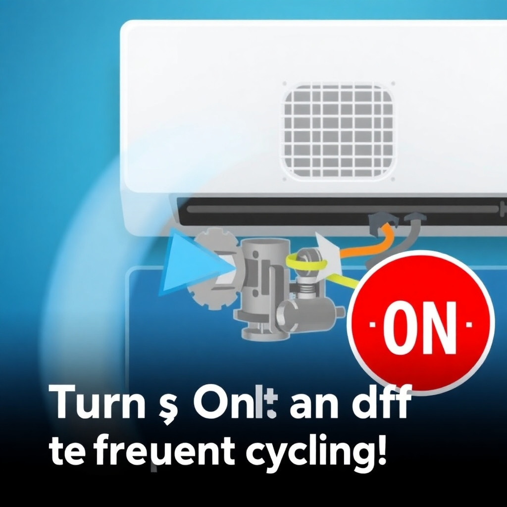 A stylized image emphasizing the mechanical process of an AC unit turning on and off rapidly, using animation and graphics to capture the visual representation of the frequent cycling. The style should be similar to an educational video illustration.