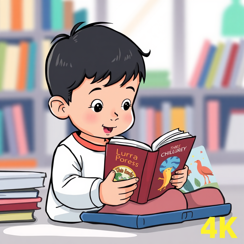 A stylized image of a child browsing children's books on a tablet or laptop. The background is blurred to focus on the child and the device. The illustration style should be modern and engaging. 4k resolution.