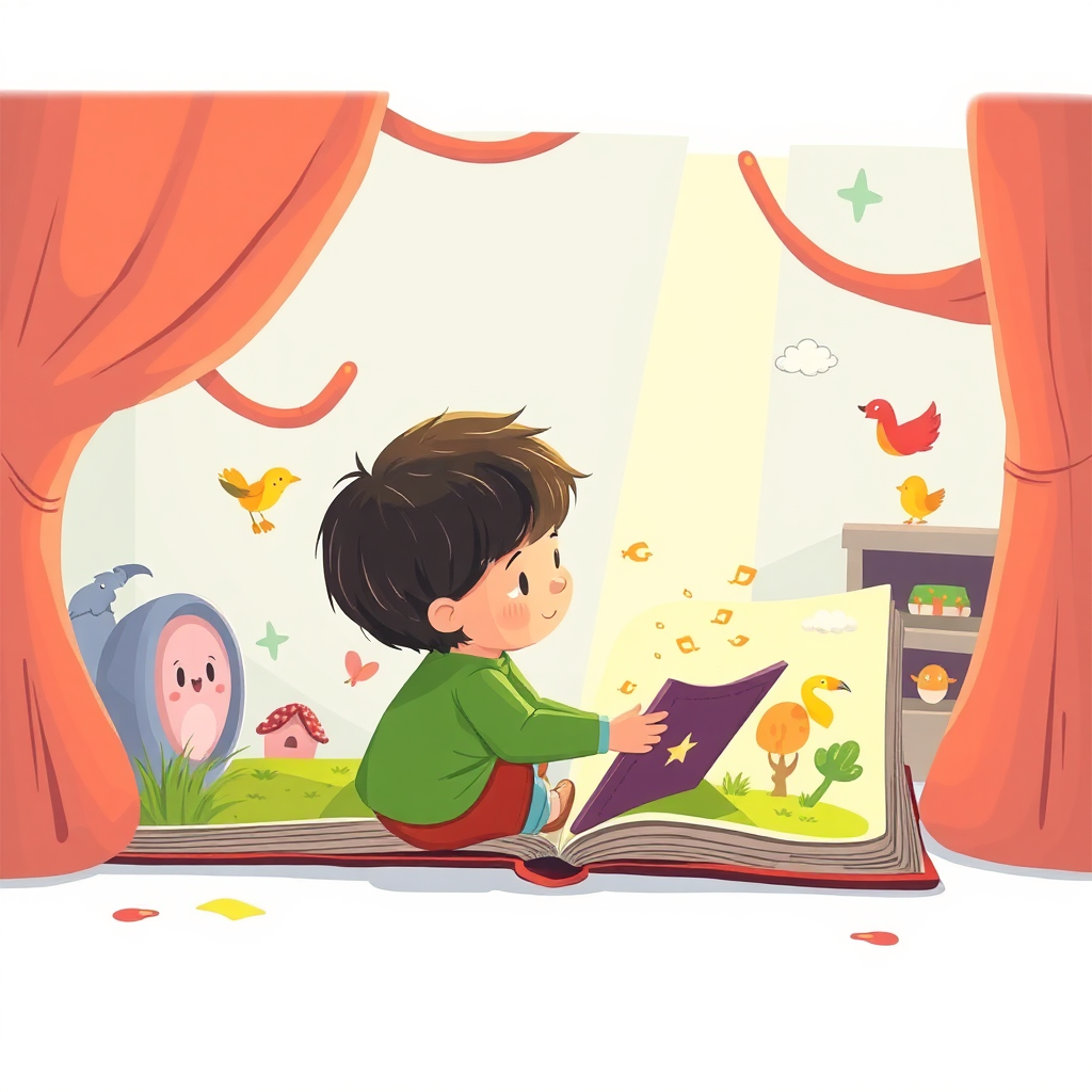 A stylized image of a child interacting with an interactive storybook. The book features pop-up elements, sounds, and textures. The illustration style should be whimsical and engaging. 4k resolution.