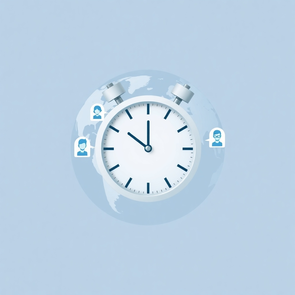 A stylized image of a clock with AI voice agent icons orbiting around it, representing continuous operation. The background is a globe, symbolizing global availability. Use a color palette of blues and whites to represent trustworthiness and round-the-clock accessibility. Technical specs: 4K resolution, minimalist design.