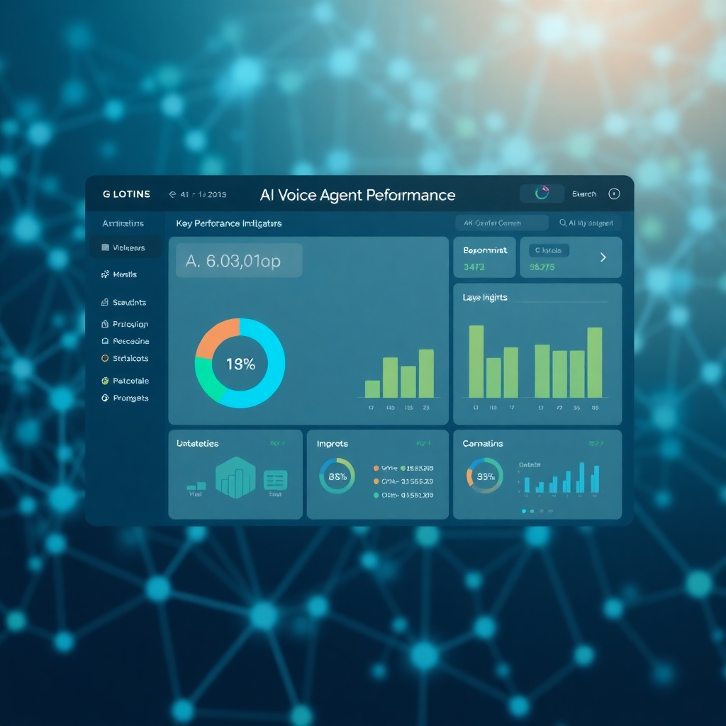 A stylized image of a data dashboard displaying key performance indicators (KPIs) related to AI voice agent performance. The background is a network of interconnected nodes, representing data flow. Use a color palette of blues and greens to represent data and insights. Technical specs: 4K resolution, minimalist design.