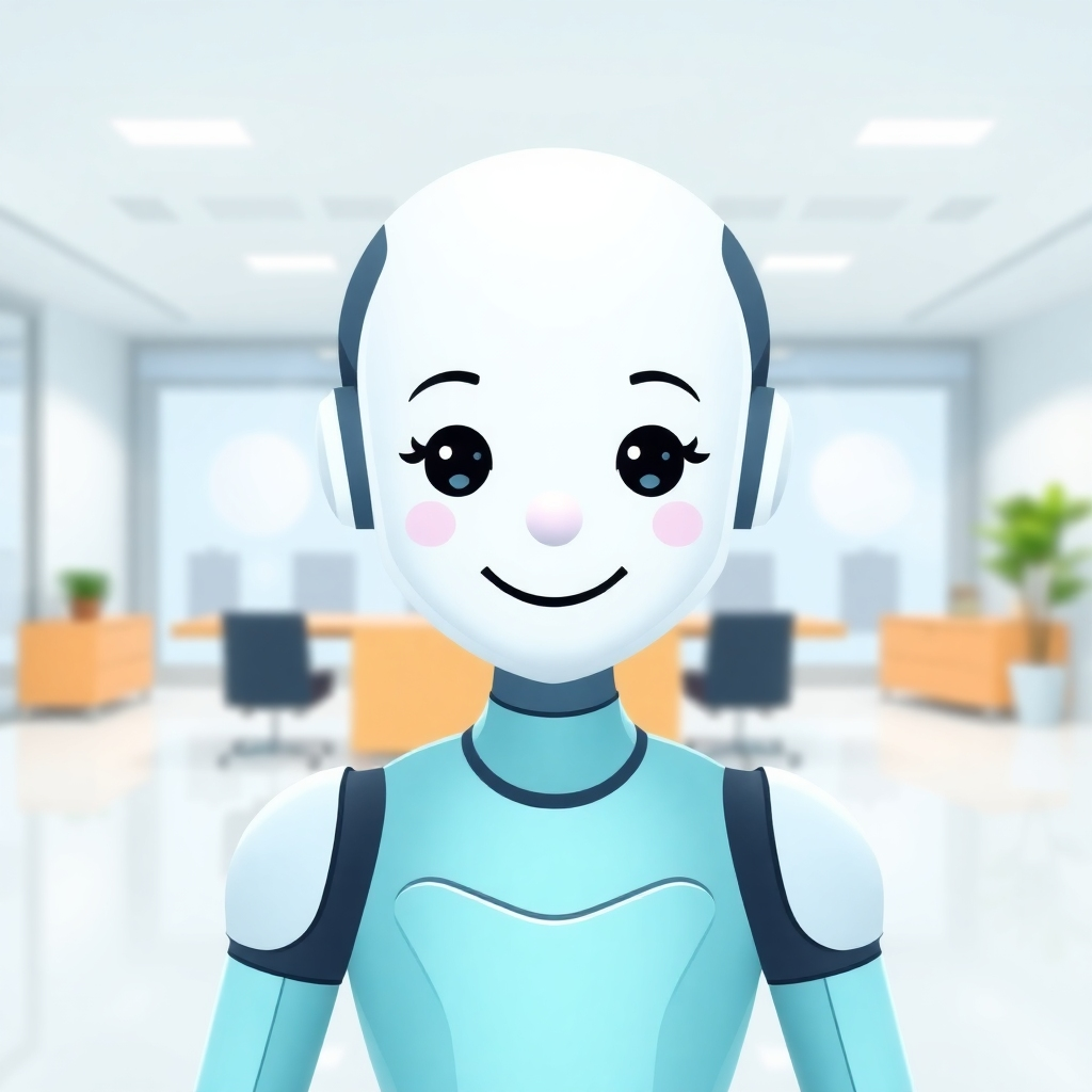 A stylized image of a friendly, helpful AI receptionist greeting customers in a virtual office environment. The receptionist is represented as a sleek, minimalist avatar with a warm smile. The background is a clean, modern office space. The colors are welcoming and professional: soft blues, greens, and greys. Style: friendly, approachable technology. Technical Specs: 4K, high quality rendering.