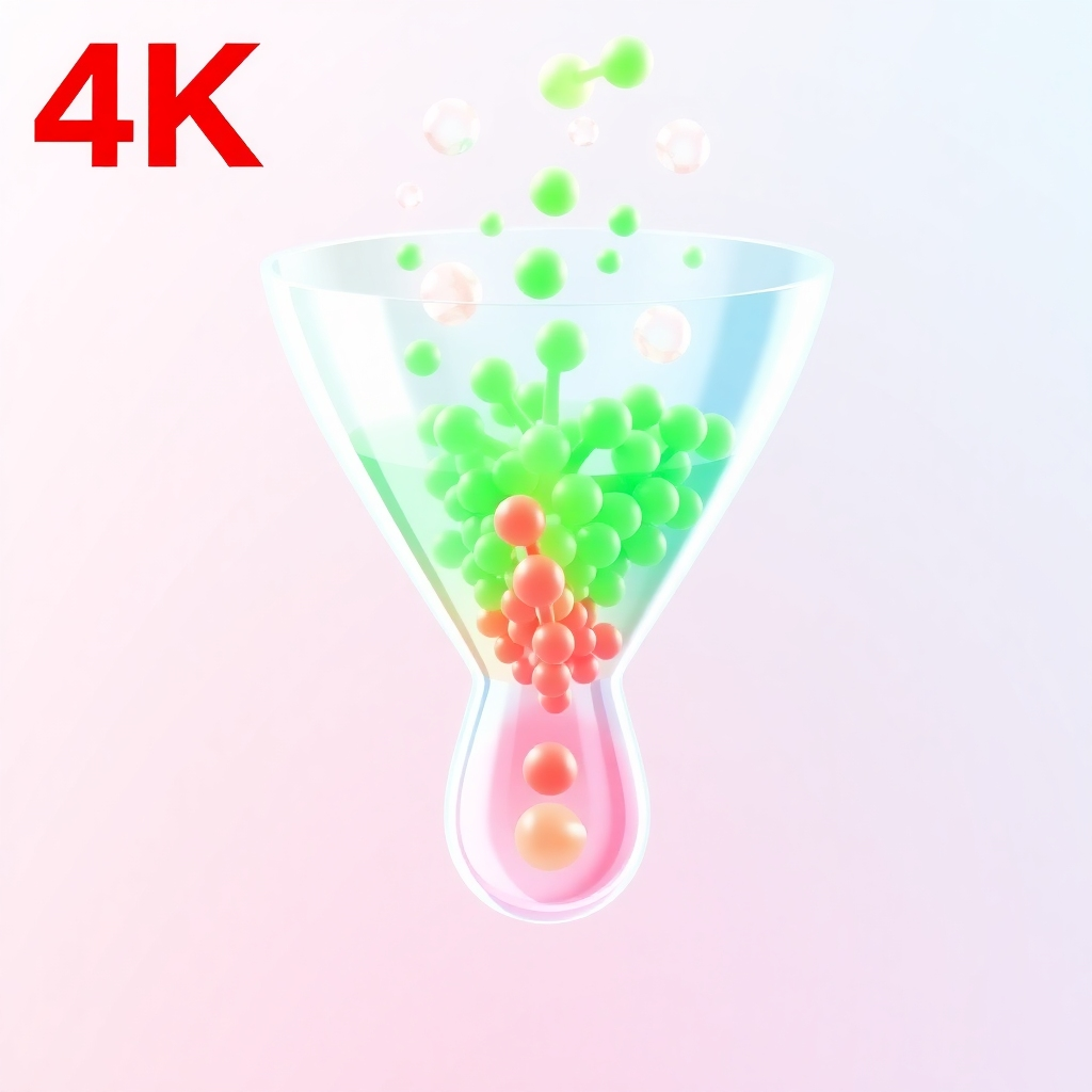 A stylized image of a funnel with leads flowing through it. As they pass through, the lower quality leads are filtered out, leaving only the high-potential prospects at the bottom. The funnel is made of transparent glass with integrated AI circuitry. The color palette is bright and optimistic, with greens representing qualified leads and reds representing disqualified leads. Style Reference: Data visualization, process automation. Technical Specs: 4K, high quality rendering.