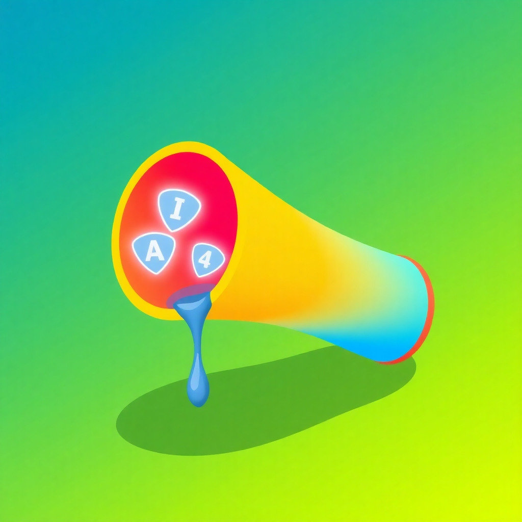 A stylized image of a leaky funnel with AI 'patches' filling the holes, preventing leads from escaping. The funnel is brightly colored, and the AI patches are represented by glowing icons. The background is a gradient of green and blue, symbolizing growth and efficiency. Style: Visual metaphor, clear, and concise. Technical specs: 4K resolution, vector graphics.