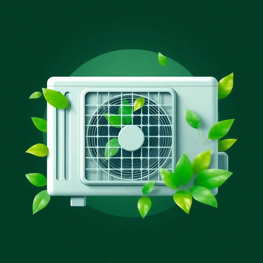 A stylized image of an AC unit with leaves and green tones surrounding it to symbolize energy efficiency and eco-consciousness. The color scheme should feature vibrant greens and calming blues, signifying a balance between nature and technology. The image should be well-lit, giving a modern and clean vibe.
