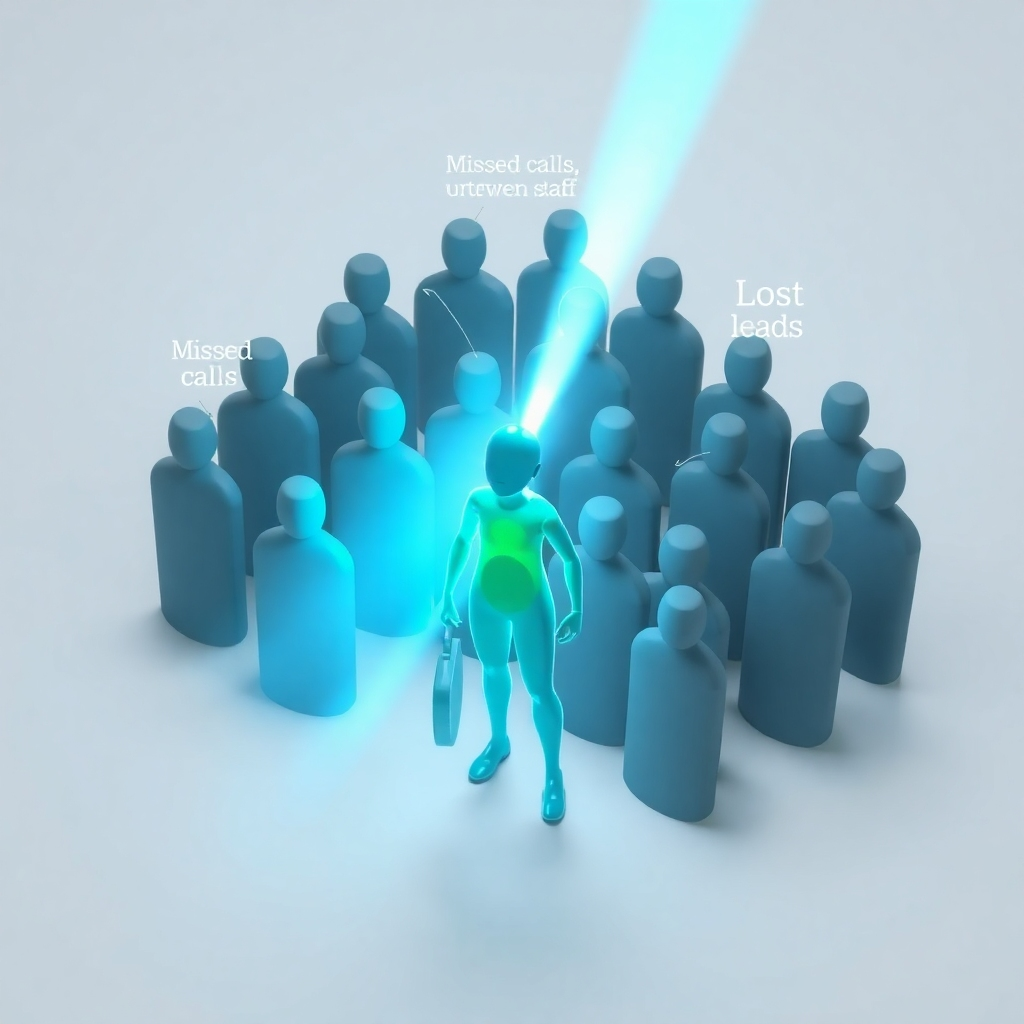 A stylized image representing the core mission of AI Voice Agents. Depict a three-dimensional representation of missed calls, overwhelmed staff, and lost leads as shadowy figures being dispelled by a bright, powerful beam emanating from an AI voice agent. The AI agent is visualized as a sleek, minimalist, translucent figure. The color palette uses contrasting shades of grey and bright, optimistic blues and greens to represent the shift from problems to solutions. A high camera angle gives a sense of overview and control. The environment is abstract and clean, focusing on the symbolic representation of the problem-solving process. Style reference: Minimalist, tech-forward, with a focus on visual metaphors. Technical specs: 4K resolution, high quality rendering, smooth gradients and sharp details.