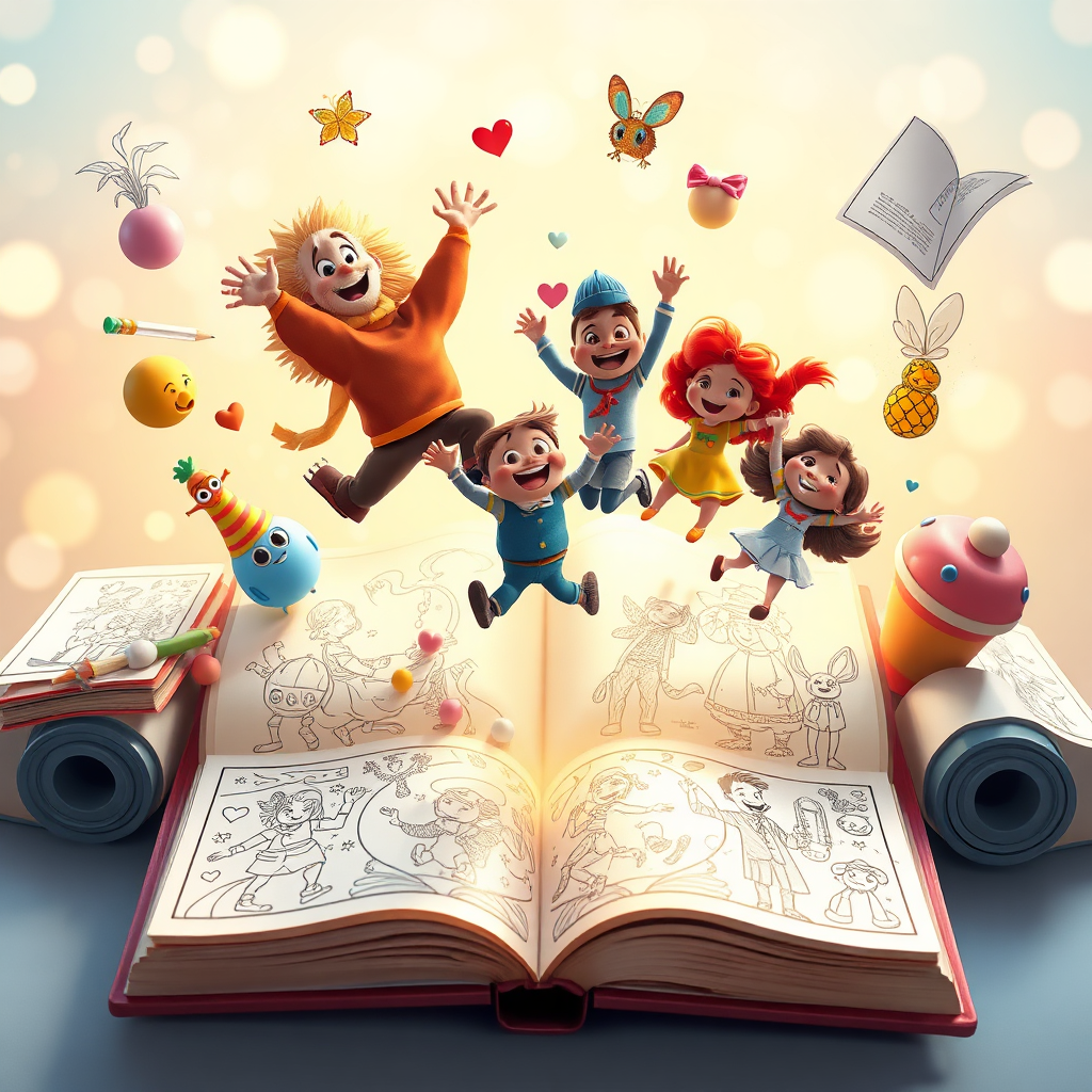 A stylized image representing the heart of Kid Storybooks. Imagine a giant, open storybook with characters from different children's stories leaping out in a playful manner. Coloring book pages float around them, filled with vibrant illustrations waiting to be brought to life. Soft, dreamlike lighting creates a magical atmosphere. The color palette is whimsical and vibrant, with pastel hues and bold accents. The camera angle is a high angle, creating a sense of wonder and scale. The background fades into a gentle bokeh effect. Style reference: Mary Blair's concept art for Disney's 'Alice in Wonderland'. Technical specifications: 4K resolution, high-quality rendering with a focus on visual appeal and emotional impact.