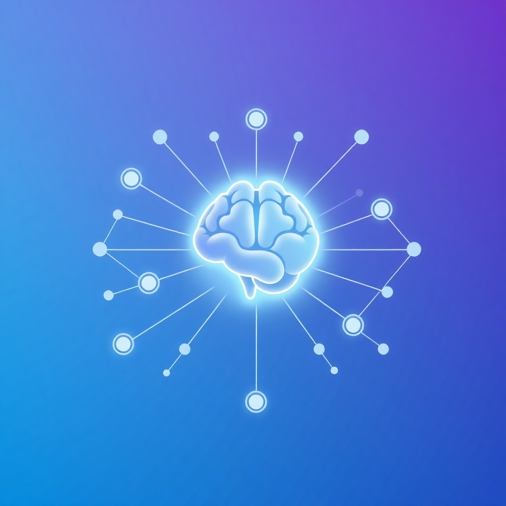 A stylized image representing the core mission of providing AI voice solutions. The image features interconnected nodes representing communication channels converging into a central AI core depicted as a stylized brain. The brain is glowing softly with an inner light. A soft gradient background of blues and purples. The style should be modern and tech-forward, with clean lines and abstract shapes. Emphasis is placed on conveying intelligence, connectivity, and efficiency. The overall mood is positive and aspirational. Technical specs: 4K resolution, high quality rendering, soft, diffused lighting.